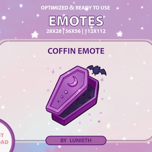 May include: Purple coffin emote with a crescent moon and a bat flying above it. The emote is set against a pink background with white stars.