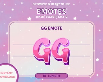 May include: A pink and purple "GG" emote with a 3D effect. The emote is set against a pink and white background with white stars. The text "GG EMOTE" is above the emote. The text "OPTIMIZED & READY TO USE" is at the top of the image. The text "EMOTES" is below the text "OPTIMIZED & READY TO USE". The text "28X28 | 56X56 | 112X112" is below the text "EMOTES". The text "INSTANT DOWNLOAD" is in the lower left corner of the image. The text "BY LUNIETH" is in the lower right corner of the image.