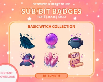 Distintivi secondari strega, distintivi bit, distintivi Twitch, distintivi secondari carini, emote di Twitch, Kawaii, stregoneria, pastello