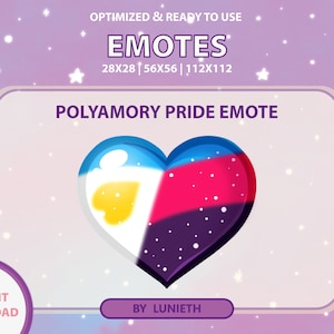 Puede incluir: Emote de Orgullo Poliamoroso con un diseño en forma de corazón con los colores de la bandera del orgullo poliamoroso. El corazón está dividido en cuatro secciones: azul, rosa, blanco y negro. La sección blanca tiene una estrella amarilla en el centro. El emote está disponible en tres tamaños: 28x28, 56x56 y 112x112.