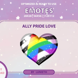 Puede incluir: Una ilustración digital de un corazón con un arcoíris y rayas blancas y negras, con el texto "ALLY PRIDE LOVE" encima. La imagen está rodeada por un borde blanco y un fondo rosa con estrellas blancas.