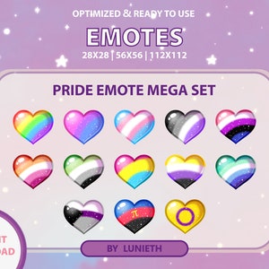 Set di emote d’amore con cuore arcobaleno e orgoglio, design carino di emote Twitch, Twitch Discord Youtube, punti canale