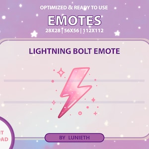 May include: A pink lightning bolt emote with sparkles, available in three sizes: 28x28, 56x56, and 112x112 pixels. The emote is on a white background with a purple border.