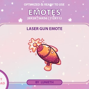 Puede incluir: Un emoji de pistola láser de dibujos animados con un esquema de color rosa, naranja y amarillo. La pistola está disparando un rayo de luz. El emoji está sobre un fondo rosa y blanco con estrellas.