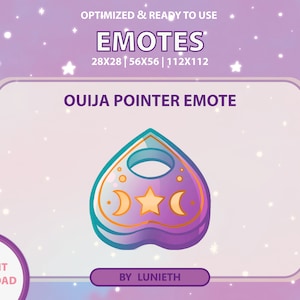 May include: A purple and blue heart-shaped ouija board pointer emote with a gold star and crescent moons. The emote is available in three sizes: 28x28, 56x56, and 112x112 pixels.