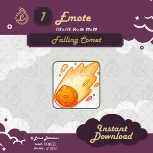 May include: A digital illustration of a yellow and orange comet falling through space. The comet is surrounded by a bright, fiery tail. The image is set against a white background with a repeating pattern of small stars and a stylized bottle with a letter L. The text "1 Emote" and "Falling Comet" is displayed above the image. The text "Instant Download" is displayed below the image.