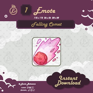 May include: Digital emote graphic of a falling comet. The comet is red with pink accents and a pink trail. The background is a light purple with cloud and star designs. Text includes "Emote" and "Falling Comet".