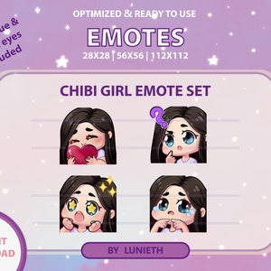 Black Hair Light Skin Girl Emote |  Blue Green & Brown Eyes | Cute Chibi Girl Twitch Emotes Pack | Instant Download | Premade Design