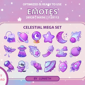 Puede incluir: Un conjunto de 20 emojis con temática celestial de diferentes tamaños, que incluyen una luna creciente, una estrella fugaz, un OVNI, un telescopio y una bolsita de té con temática espacial. Los emojis están en una gama de colores púrpura y azul y se colocan sobre un fondo rosa con estrellas blancas.