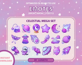 Op de afbeelding: Een set van 20 emojis met een hemels thema in verschillende formaten, waaronder een halve maan, een vallende ster, een UFO, een telescoop en een ruimte-thema theezakje. De emojis zijn in een paarse en blauwe kleurstelling en zijn geplaatst tegen een roze achtergrond met witte sterren.