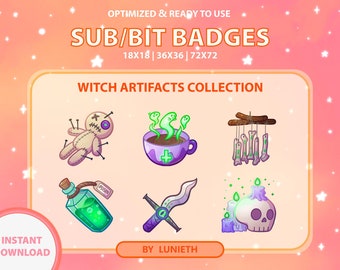 Insignias secundarias de bruja, Insignias de bits, Insignias de Twitch, Insignias secundarias bonitas, Emoticonos de Twitch, Kawaii, Witchy, Pastel