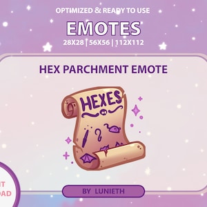 Puede incluir: Una ilustración digital de un rollo con la palabra "HEXES" escrita en él. El rollo es marrón y tiene un borde morado. Hay pequeños murciélagos morados y estrellas alrededor del rollo. El texto "HEX PARCHMENT EMOTE" está por encima del rollo.