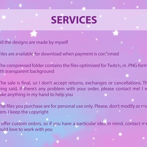 May include: A pink and purple background with white stars and text that reads "SERVICES". The text below the heading describes the services offered, including custom orders, file formats, and return policies.