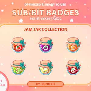 May include: Six colourful jam jar badges with different fruit fillings. The jars have white lids with green ribbons. The badges are available in three sizes: 18x18, 36x36, and 72x72 pixels. The text "JAM JAR COLLECTION" is at the top of the image. The text "SUB/BIT BADGES" is above the collection title. The text "OPTIMIZED & READY TO USE" is above the badge title. The text "INSTANT DOWNLOAD" is in the bottom left corner. The text "BY LUNIEΤΗ" is in the bottom right corner.