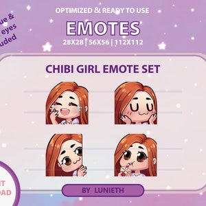 Pode incluir: Um conjunto de quatro emoticons digitais que mostram uma menina chibi com cabelo ruivo. Os emoticons mostram a menina chorando, corada e surpresa. O texto "CHIBI GIRL EMOTE SET" está na parte superior da imagem. O texto "28X28 | 56X56 | 112X112" está abaixo do título. O texto "BY LUNIETH" está na parte inferior da imagem.