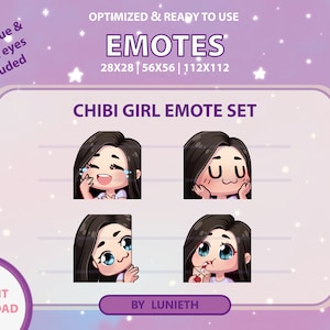 Black Hair Light Skin Girl Emote |  Blue Green & Brown Eyes | Cute Chibi Girl Twitch Emotes Pack | Instant Download | Premade Design
