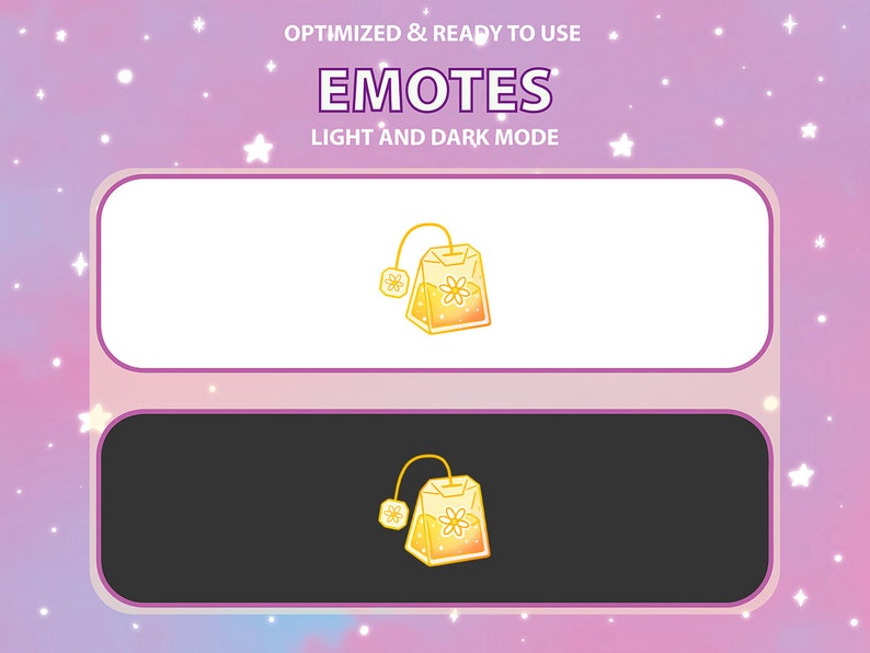 May include: A yellow tea bag with a flower design on a white background and a black background. The text "EMOTES LIGHT AND DARK MODE" is above the tea bag.
