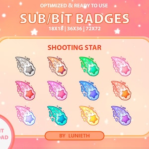 May include: A set of nine shooting star badges in various colours, including grey, orange, green, red, pink, blue, turquoise, yellow, and purple. The badges are designed in a cartoon style and feature a shooting star with a star inside. The text "SHOOTING STAR" is at the top of the image. The text "SUB/BIT BADGES" is at the top of the image. The text "18X18 | 36X36 | 72X72" is below the text "SUB/BIT BADGES". The text "INSTANT DOWNLOAD" is in the bottom left corner of the image. The text "BY LUNIETH" is in the bottom right corner of the image.