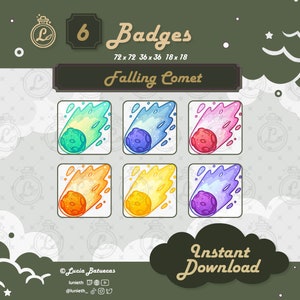 May include: Six digital badges featuring a cartoon comet with a tail of fire in six different colour variations: green, blue, pink, orange, yellow, and purple. The badges are available in three sizes: 72 x 72 pixels, 36 x 36 pixels, and 18 x 18 pixels. The text "Falling Comet" is displayed above the badges.