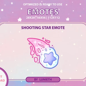 May include: A pink and blue shooting star emote with a five-pointed star inside. The emote is in a square frame with the text "SHOOTING STAR EMOTE" above it and "BY LUNIETH" below it.
