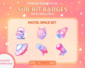 Op de afbeelding: Een set van zes pastelkleurige ruimtethema-badges met een kattenastronaut, een alien, een raket, een UFO, een telescoop en een ruimteobject. De badges zijn verkrijgbaar in drie maten: 18x18, 36x36 en 72x72 pixels.