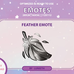 Op de afbeelding: Een zilveren veer-emoji op een witte achtergrond. De emoji is beschikbaar in drie maten: 28x28, 56x56 en 112x112. De tekst "FEATHER EMOTE" staat boven de emoji. De tekst "INSTANT DOWNLOAD" staat in een cirkel linksonder in de afbeelding. De tekst "BY LUNIETH" staat in een rechthoek rechtsonder in de afbeelding.