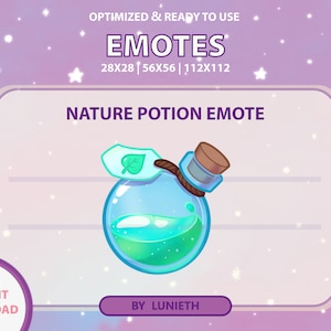 May include: A digital illustration of a green potion bottle with a cork stopper and a leaf tag. The bottle is filled with a swirling green liquid. The text "NATURE POTION EMOTE" is above the bottle. The text "INSTANT DOWNLOAD" is in the lower left corner. The text "BY LUNIETH" is in the lower right corner.