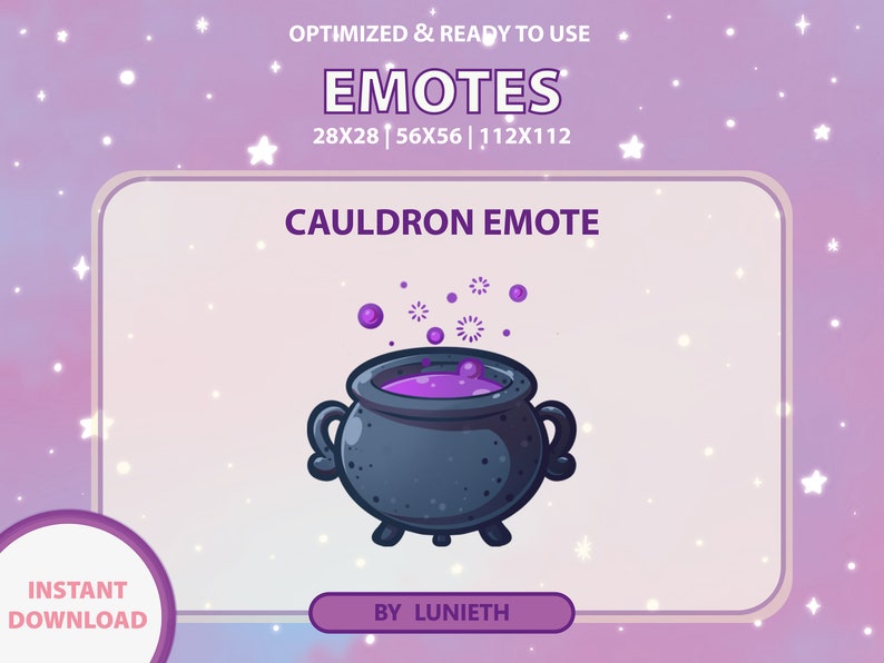 May include: A purple cauldron with a purple liquid inside and purple bubbles rising from the top. The cauldron is on a white background with a pink and purple gradient border.