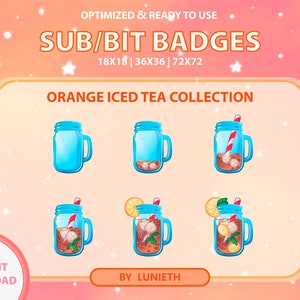 May include: Six cartoon illustrations of orange iced tea in mason jars with various toppings, including a straw, lemon wedge, and ice. The illustrations are labeled "Orange Iced Tea Collection" and are available in three sizes: 18x18, 36x36, and 72x72 pixels. The text "SUB/BIT BADGES" is at the top of the image.