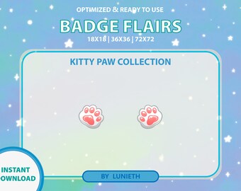 Può includere: Due badge a forma di zampa di gatto rosa e bianca con un contorno bianco. I badge sono su uno sfondo blu chiaro con stelle bianche. Il testo "KITTY PAW COLLECTION" è sopra i badge. Il testo "BADGE FLAIRS" è nella parte superiore dell'immagine. Il testo "18X18 | 36X36 | 72X72" è sotto il testo "BADGE FLAIRS". Il testo "INSTANT DOWNLOAD" è in un cerchio blu nella parte inferiore sinistra dell'immagine. Il testo "BY LUNIEΤΗ" è in un rettangolo blu nella parte inferiore destra dell'immagine.
