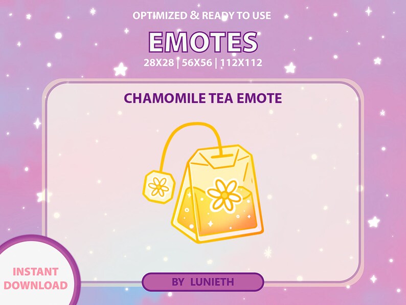 May include: A yellow and orange cartoon chamomile tea bag emote with a white flower. The emote is set against a pink and purple background with white stars.