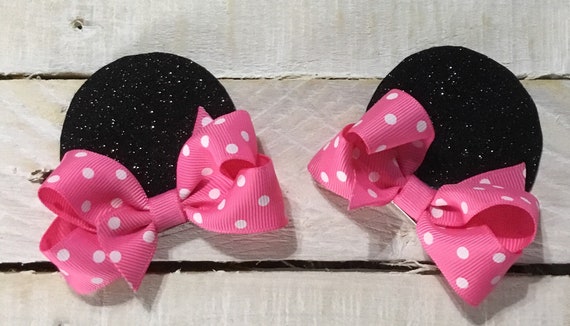 Disney Minnie Mouse Stacked Boutique Hair Bow Pink Black Glitter Toddler Girl