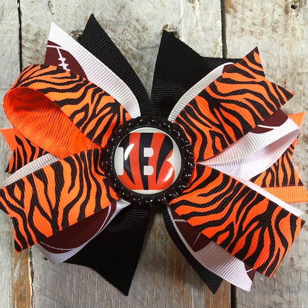 Bengals inspired football  Hair Bow, or Black and orange stripped pom pom,football hair bow clips,tigers bow