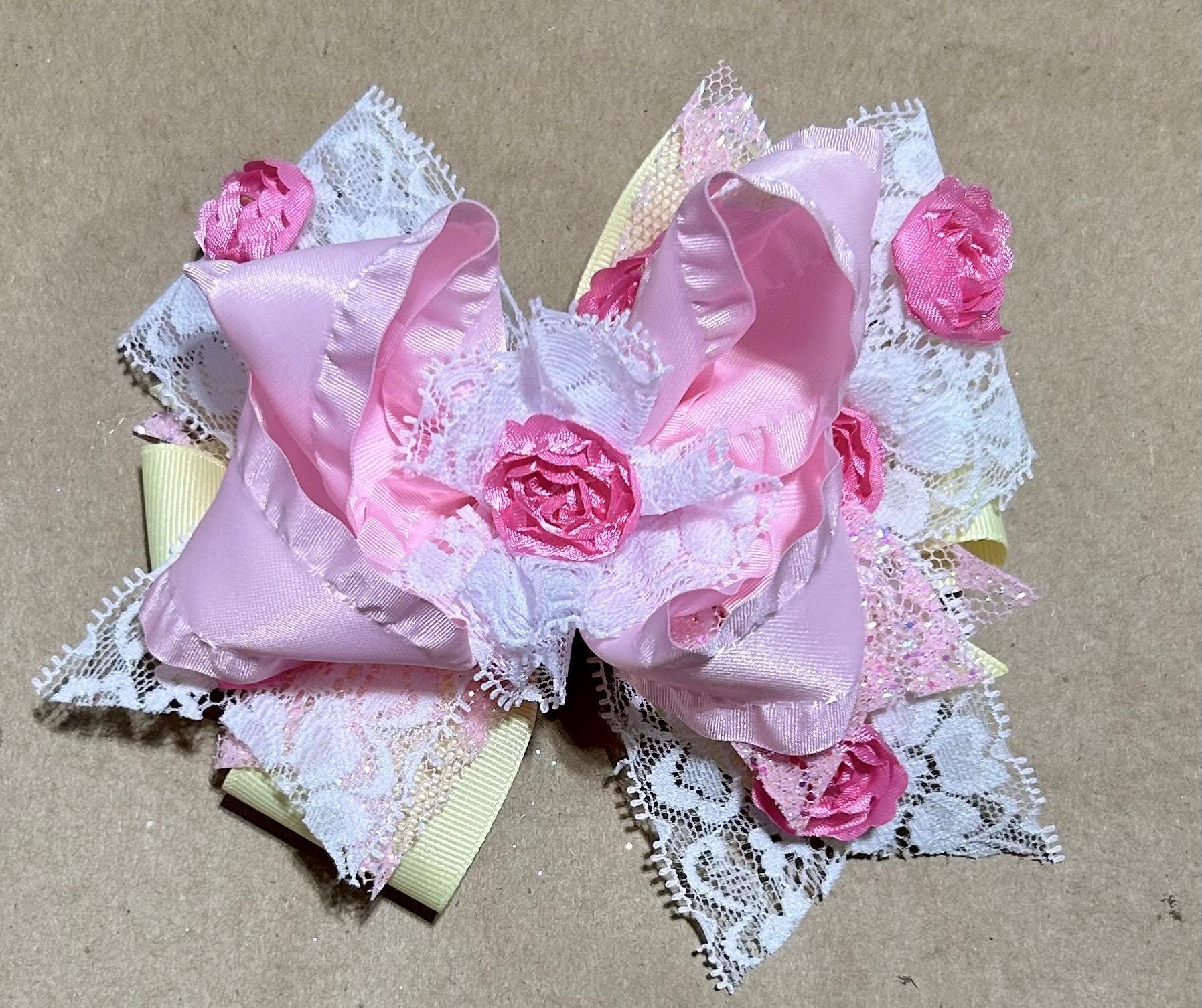 Delicate Pink Lace Ribbon Hair Bow with Rose Accent Pink Bow With Delicate Lace Trim, Pink Bow, Lace Trim  main image 2