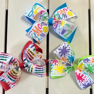Back to school hair bow,  alphabet bow clip, crayons and paint splatter head band elementary hair bow