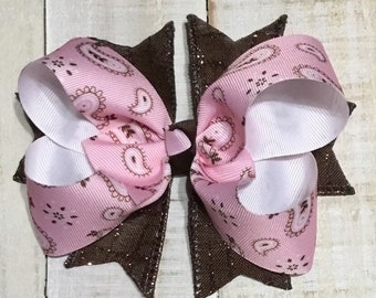 Pink Cowgirl Hairbow. Farm Girl. Pink Bandanna headband