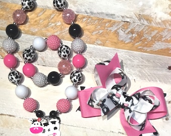 Cow Print Hair Bow and Necklace Set, Cowgirl Birthday Party