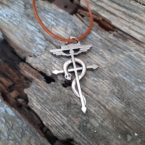 Nicolas Flamel symbol jewelry,Alchemy  Caduceus necklace,Serpents Cross,Snake sign,cross and snake ,Philosopher Stone