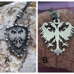 Wappen Nemanjic Lederkette, zweiköpfiger Adler auf Schildanhänger, dynasty of Serbien, Mittelalter Halsketten, serbische Herrscherschmuck