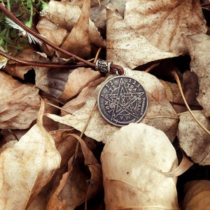 May include: A silver pendant necklace with a five-pointed star design and inscription. The pendant is lying on a bed of brown leaves.