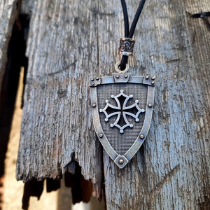 Occitan Cross on shield leather necklace,Heraldic Cross jewelry,cross of Occitania,cross of Languedoc,Toulouse necklace,Crusader Cross