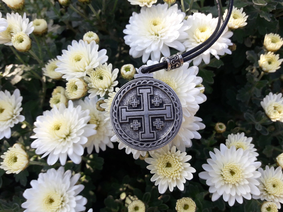 Jerusalem Cross Leather Necklacefive Fold Cross Jewelry Etsy