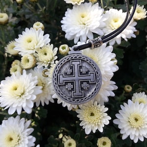 Jerusalem cross leather necklace,Five fold Cross jewelry heraldic cross,christian cross,Knights Templar,Kingdom of Jerusalem,religious gift