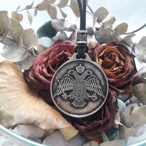 Byzantine emblem on the medallion leather necklace,Double headed eagle jewelry,Byzantine imperial flag,Orthodox Christianity,Imperial eagle