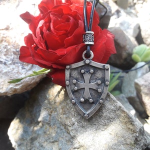 Templar Cross on the shield leather necklace,Knight&#39;s shield jewelry,Cross Pattée,military pendant,medieval,St.George’s Cross,unique gift