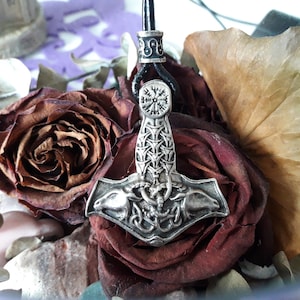 Thor&#39;s Hammer with Ram and Vegvisir compass leather necklace,Thors hammer mjolnir jewlry,Norse mythology,Goat Ram necklace,celtic jewelry