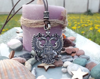 Imperial double headed eagle coat of arms leather necklace with pearl,Double headed eagle jewelry,St. George killing dragon,Two head eagle