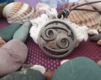 Läderhalsband med horoskoptecken Kräftan, stjärnteckensmycken med krabban, astrologitecken, styrande planet, måne, himmelsk kropp av humör och känslor