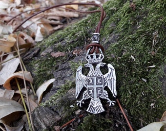 Serbian Coat of arms leather necklace,Serbian Two headed Eagle pendant,Serbian Emblem Eagle jewelry,National flags,Patriotic jewelry