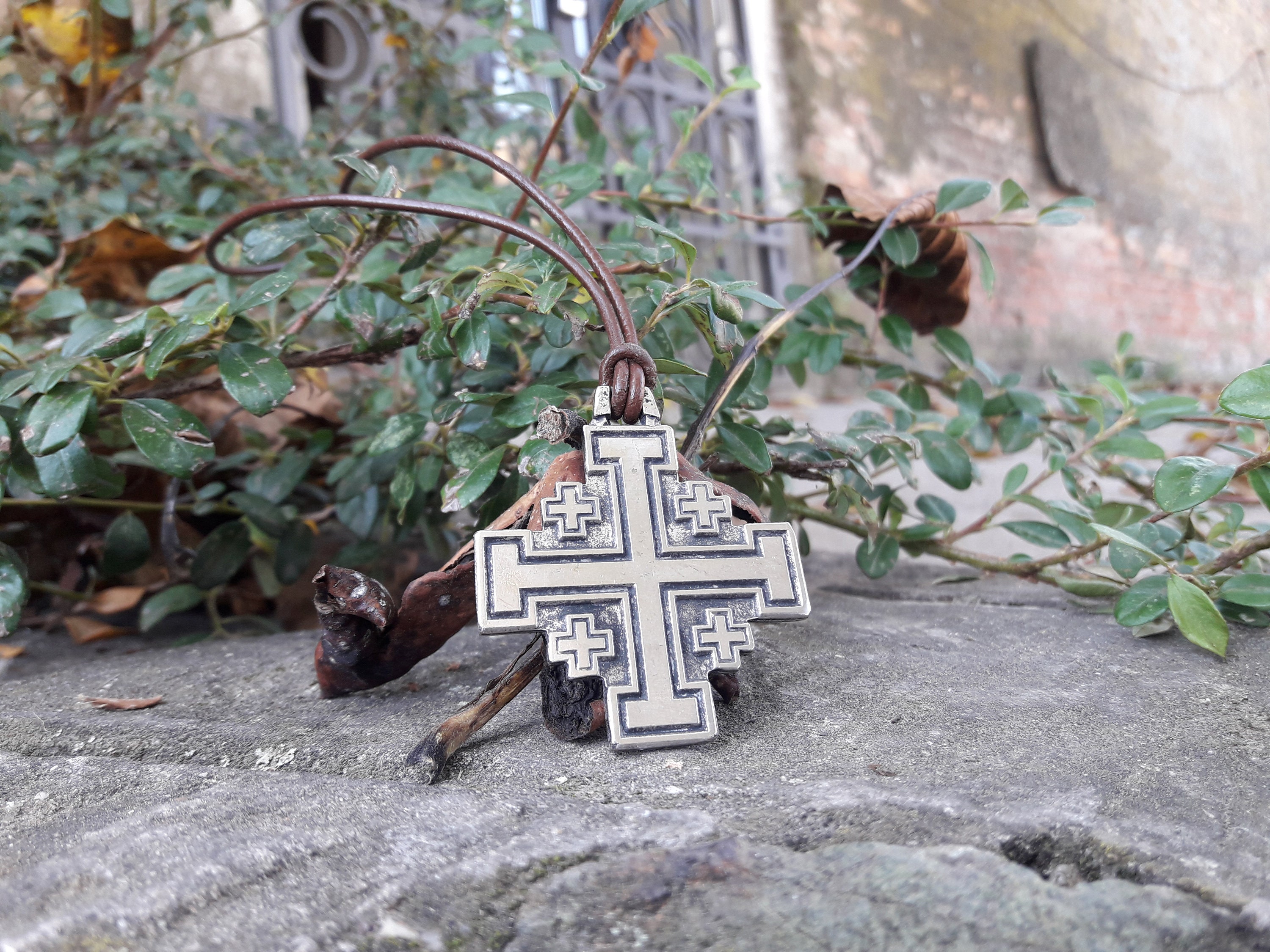 Jerusalem Cross Leather Necklacefive Fold Cross Jewelry Etsy